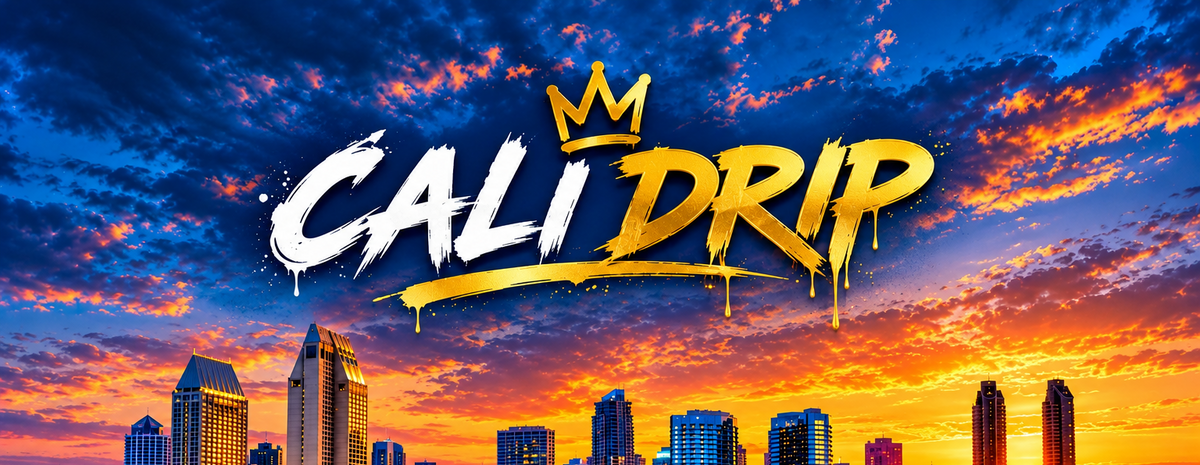 A stylized city skyline at sunset with the large text 'CALI DRIP' and a gold crown graphic overlaid at the top. The scene shows tall buildings along a waterfront with colorful sky reflections on the water.